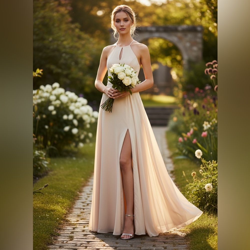 Elegant Champagne Halter Formal Gown – Side Slit & Flowy Skirt – Timeless Gown